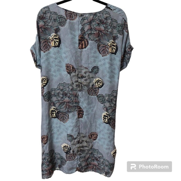 Garnet Hill SZ 08 Silk Tie Front Tunic Dress Short Sleeve Blue Gray Leaves Short - Picture 2 of 7